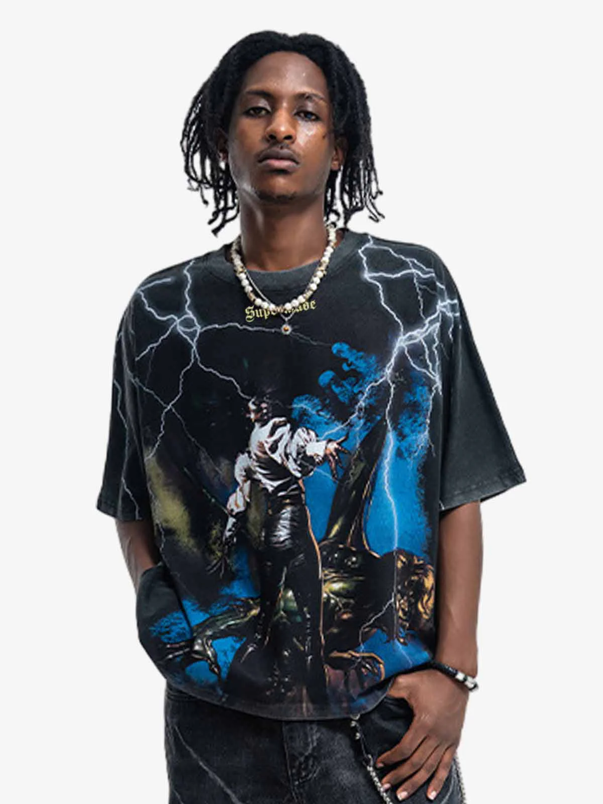 Vintage Lightning Demon Creature Graphic Washed T-Shirt