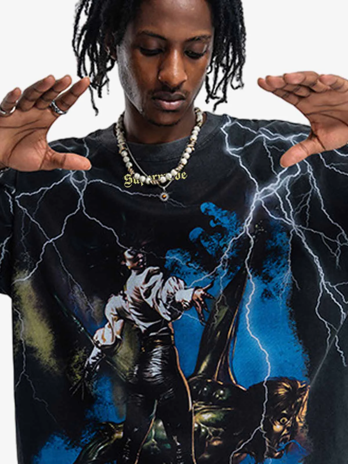 Vintage Lightning Demon Creature Graphic Washed T-Shirt - Image 5