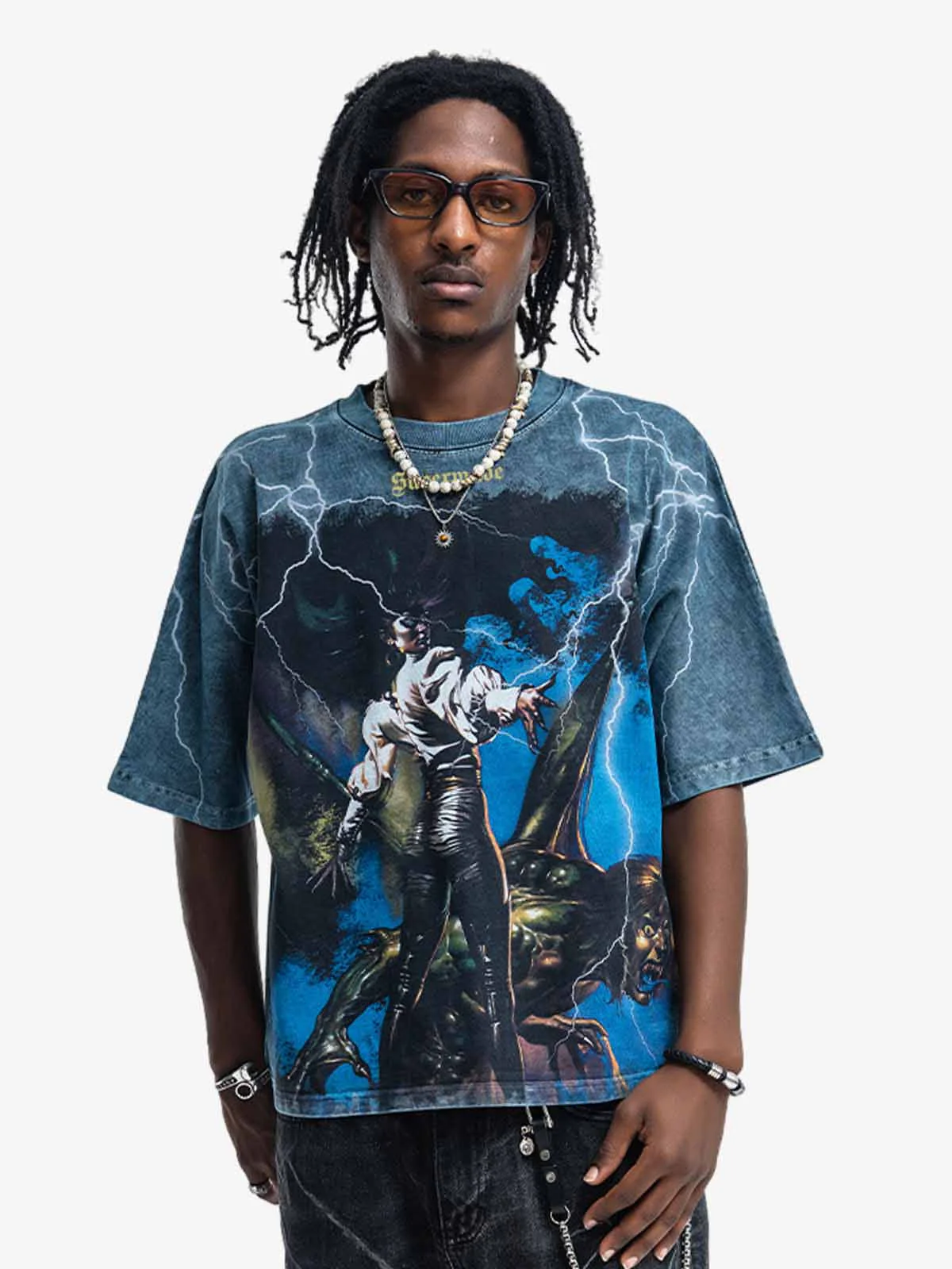 Vintage Lightning Demon Creature Graphic Washed T-Shirt - Image 6