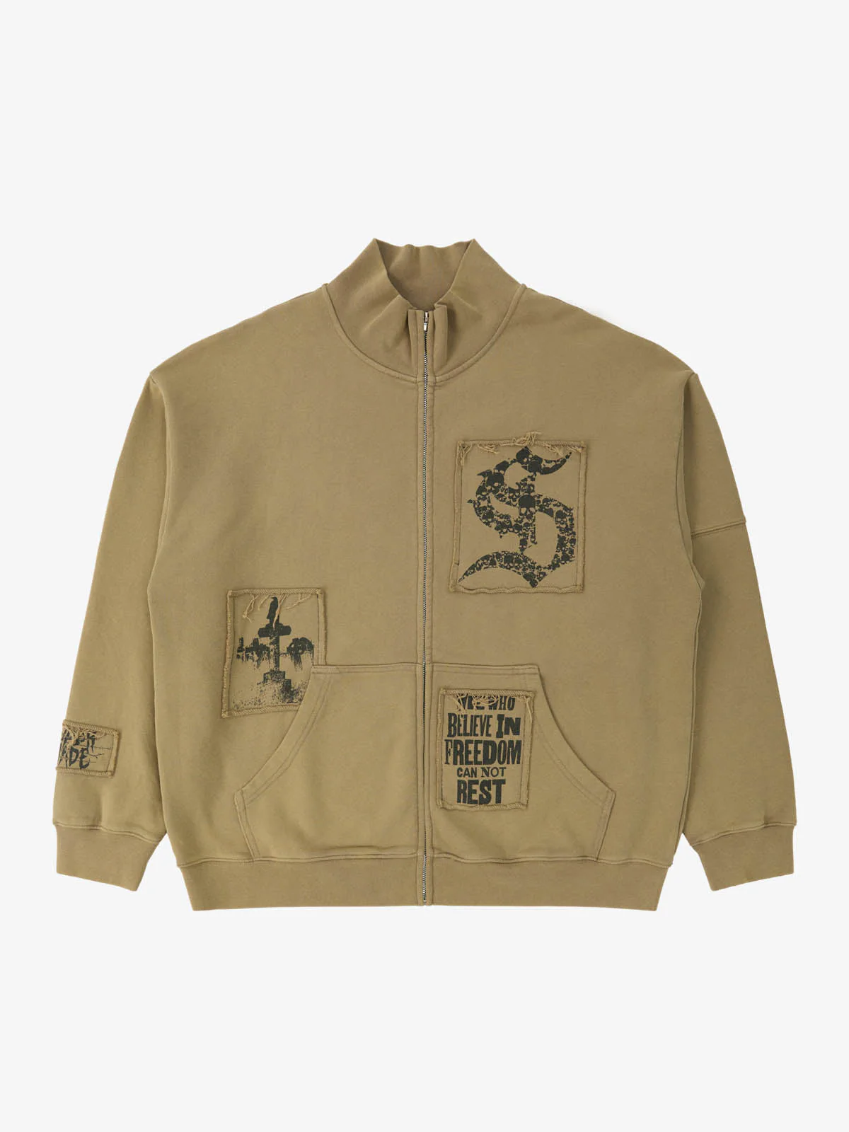 Vintage Patchwork Graphic Stand Collar Zip Up Sweatshirt