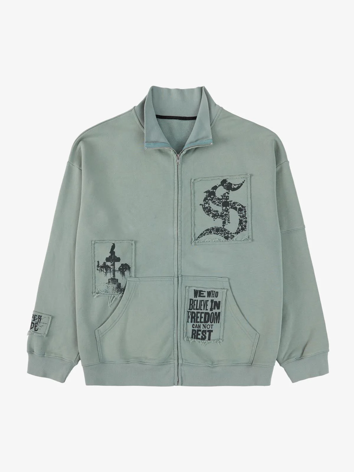 Vintage Patchwork Graphic Stand Collar Zip Up Sweatshirt - Image 2