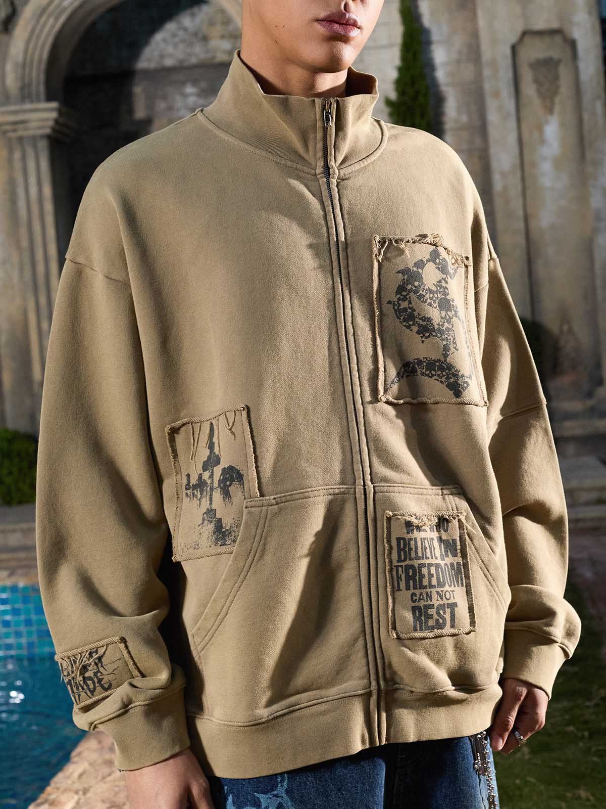 Vintage Patchwork Graphic Stand Collar Zip Up Sweatshirt - Image 4