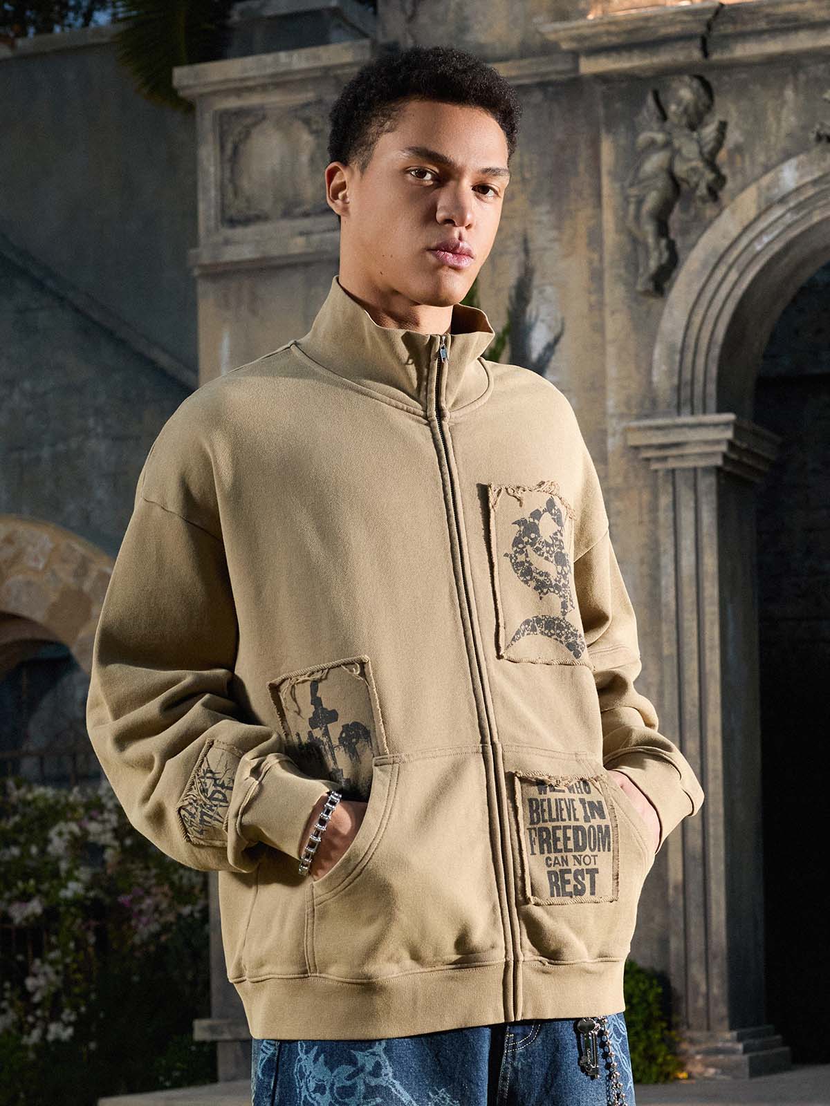 Vintage Patchwork Graphic Stand Collar Zip Up Sweatshirt - Image 6