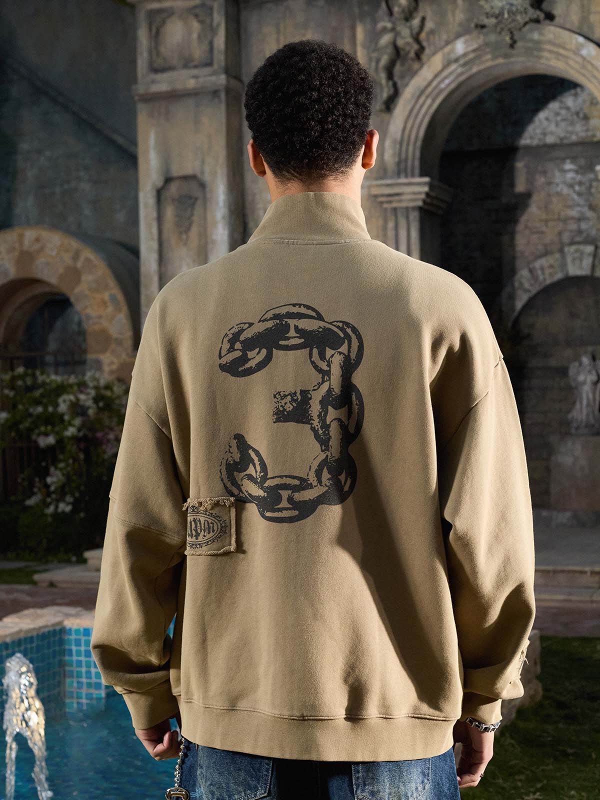 Vintage Patchwork Graphic Stand Collar Zip Up Sweatshirt - Image 9