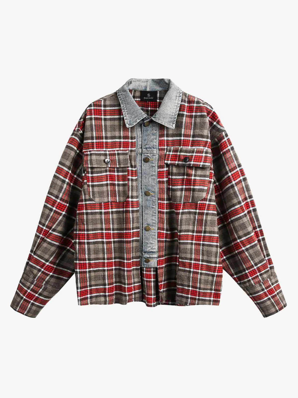 Vintage Plaid Patchwork Denim Panel Shirt