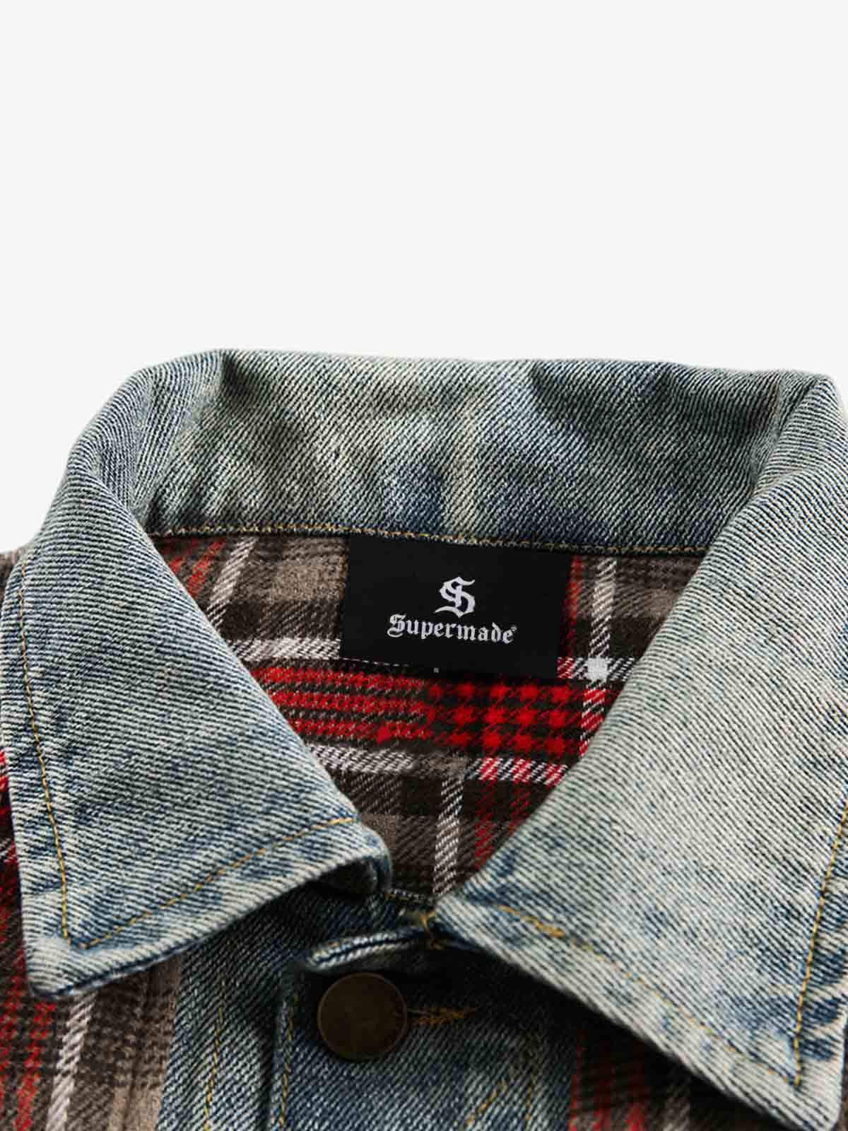 Vintage Plaid Patchwork Denim Panel Shirt - Image 3