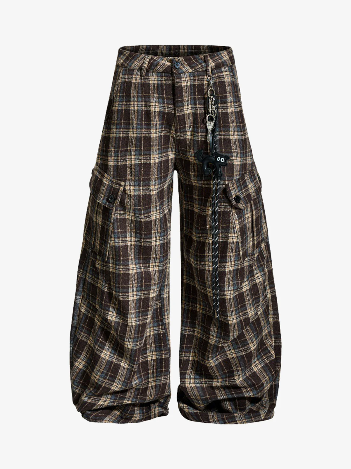 Vintage Plaid Pleated Multi-Pocket Cargo Casual Pants - Image 2