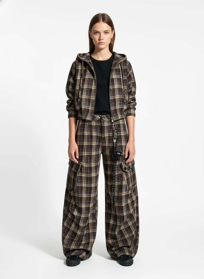 Vintage Plaid Pleated Multi-Pocket Cargo Casual Pants - Image 3