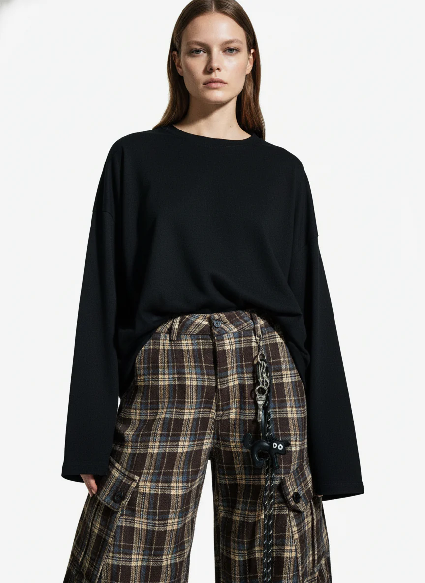 Vintage Plaid Pleated Multi-Pocket Cargo Casual Pants - Image 7