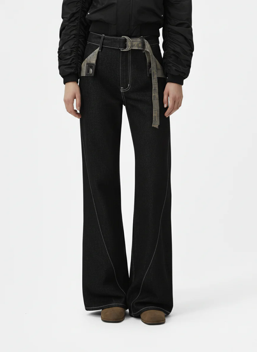 Vintage Plaid-Trim Tape-Belt Jeans