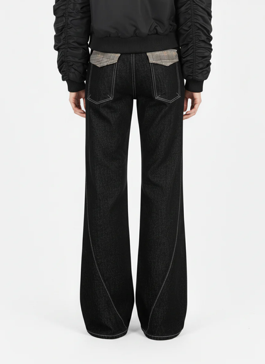 Vintage Plaid-Trim Tape-Belt Jeans - Image 3