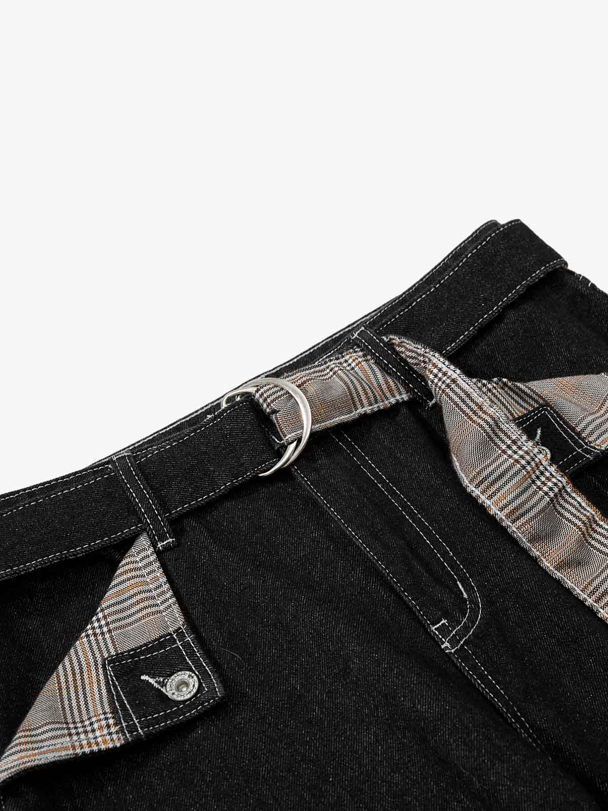 Vintage Plaid-Trim Tape-Belt Jeans - Image 5