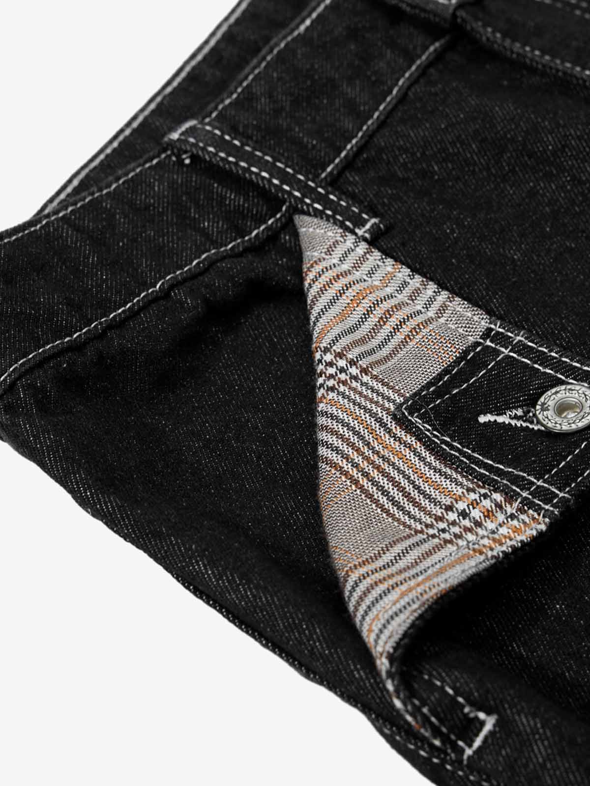 Vintage Plaid-Trim Tape-Belt Jeans - Image 6