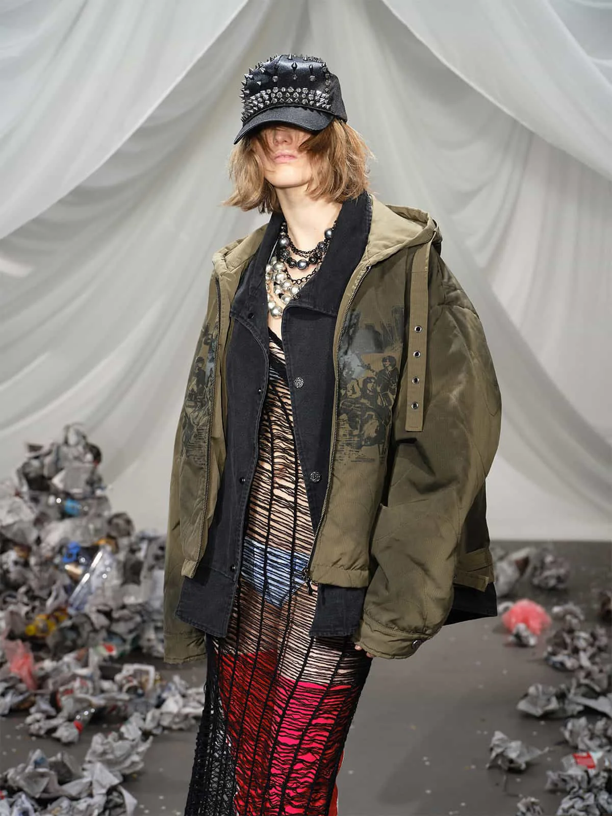 Vintage Quilted Military Patchwork Zip-Up Hoodie Jacket - Image 2