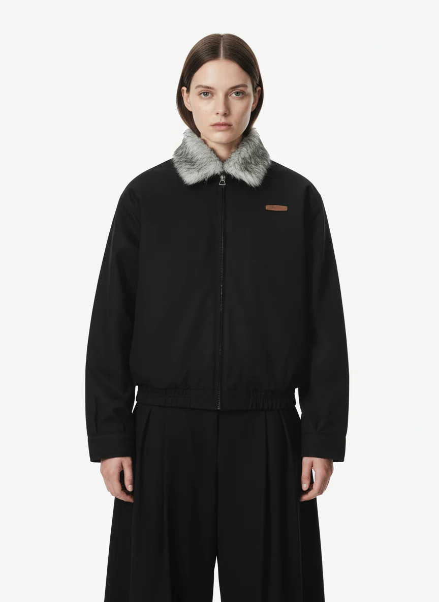 Vintage Stand Collar Fur Lined Bomber Jacket