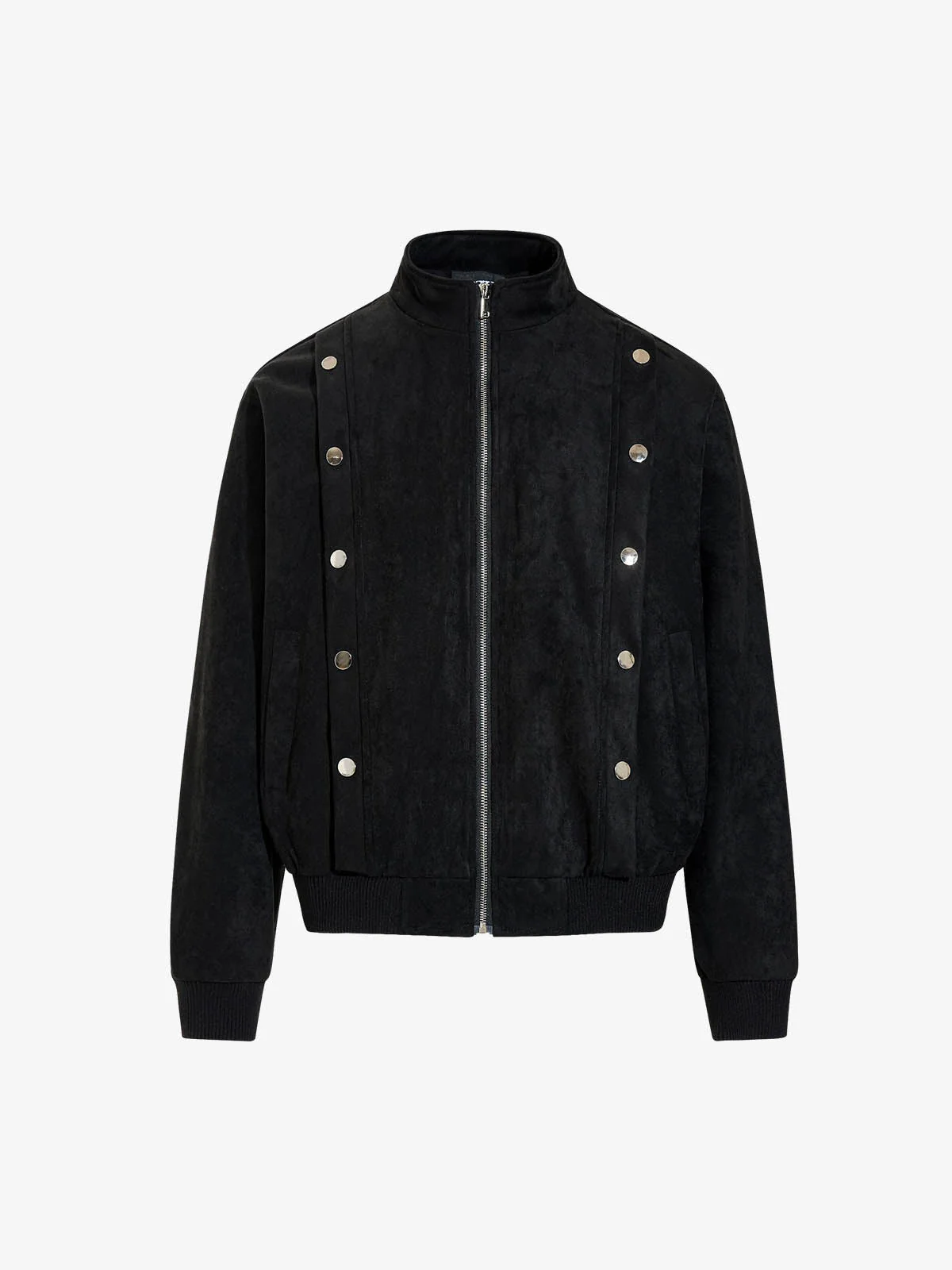 Vintage Stand Collar Metal Button-Structured Bomber Jacket - Image 2