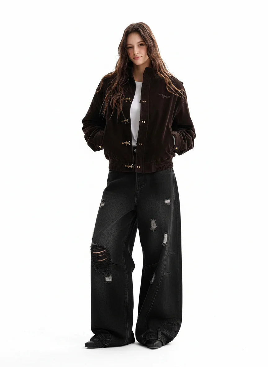 Vintage Suede Embroidered Toggle-Buckle Stand Collar Down Jacket - Image 3