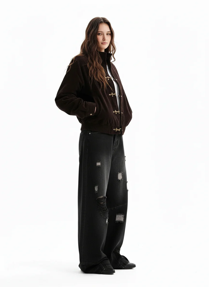 Vintage Suede Embroidered Toggle-Buckle Stand Collar Down Jacket - Image 5