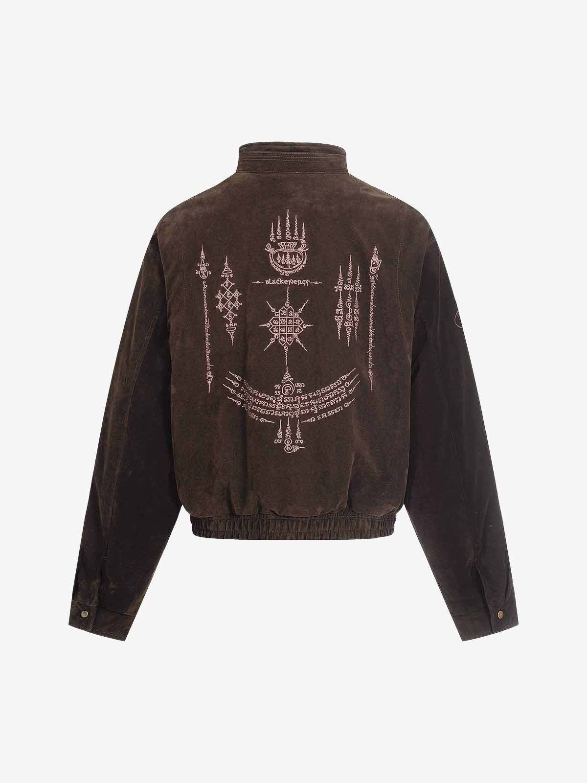Vintage Suede Embroidered Toggle-Buckle Stand Collar Down Jacket - Image 7