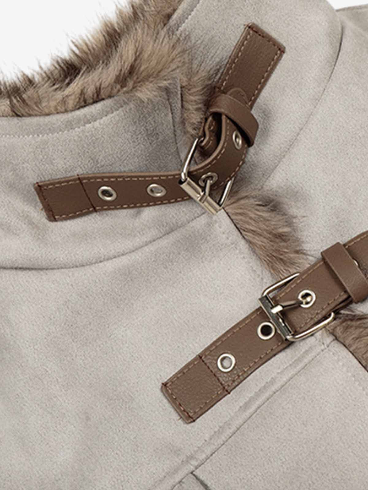 Vintage Suede Faux Fur Lined Buckle Bomber Jacket - Image 7