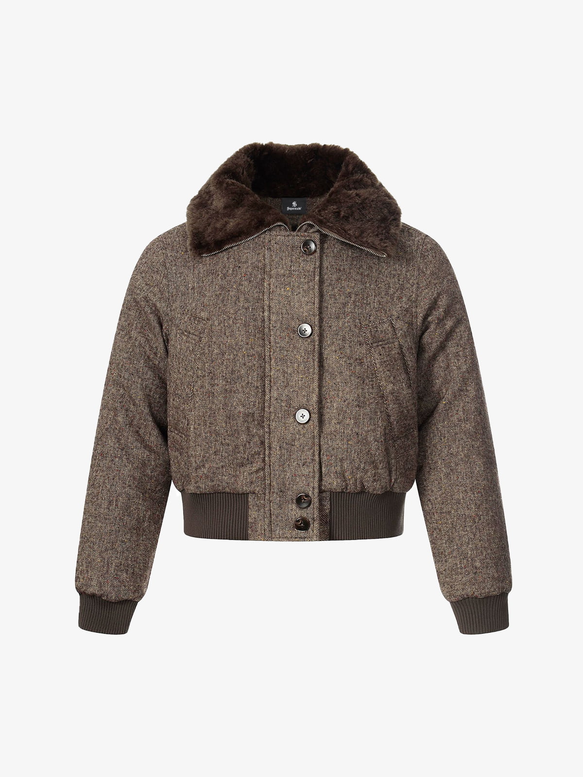 Vintage Tweed Faux Fur Collar Padded Bomber Jacket - Image 2