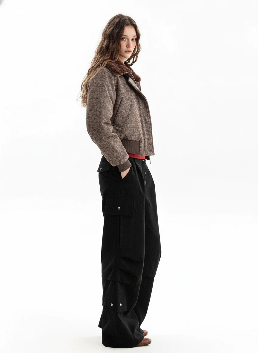 Vintage Tweed Faux Fur Collar Padded Bomber Jacket - Image 5