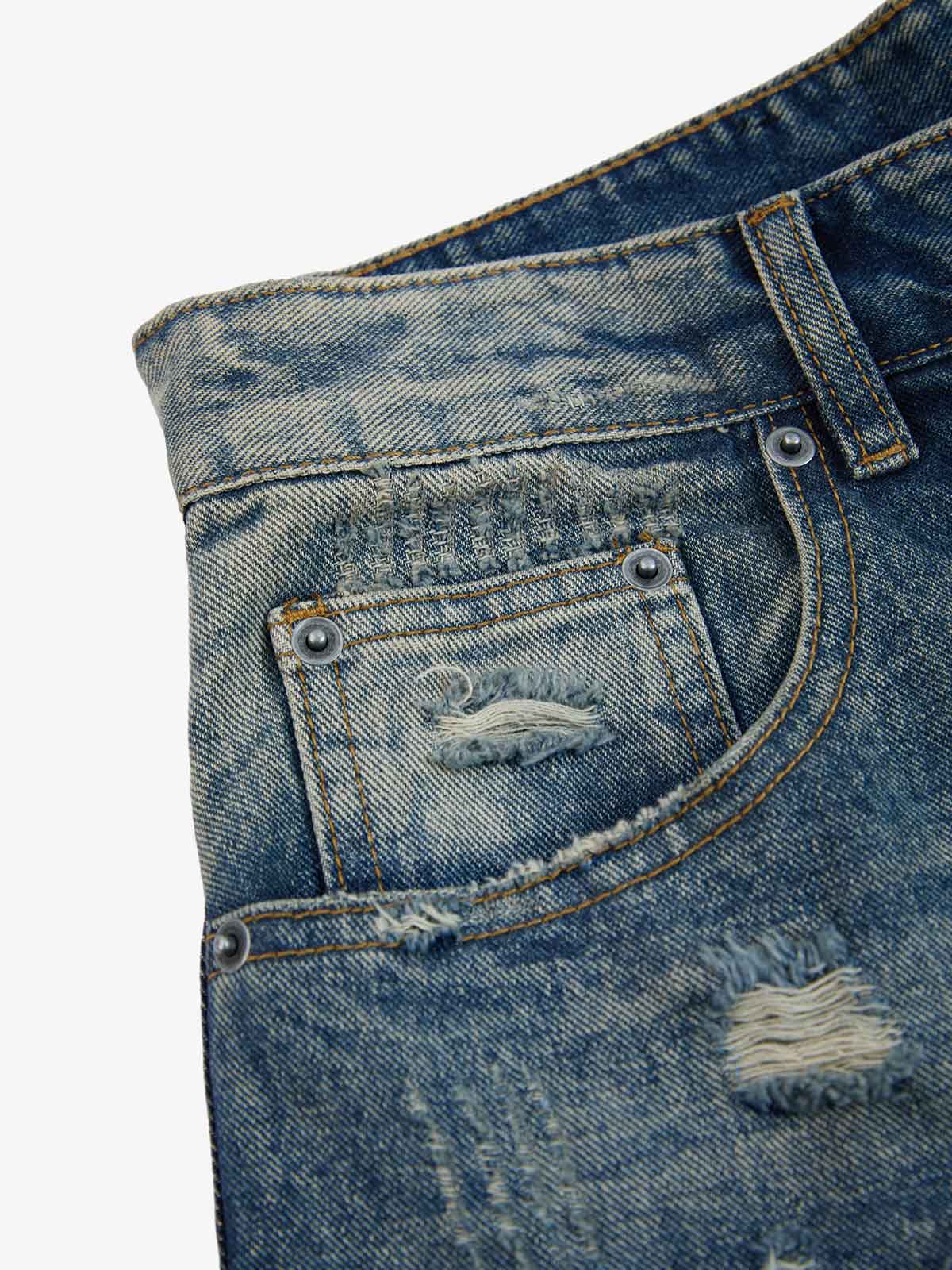 Vintage Wash Camo Cross Applique Distressed Straight Jeans - Image 10
