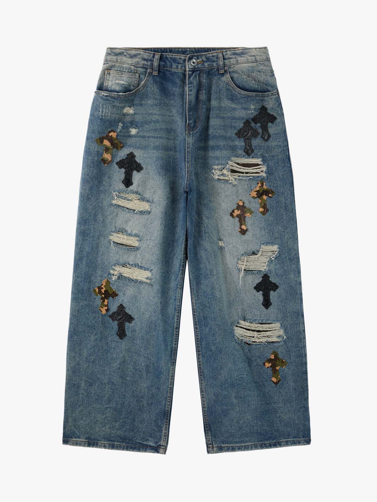 Vintage Wash Camo Cross Applique Distressed Straight Jeans - Image 2