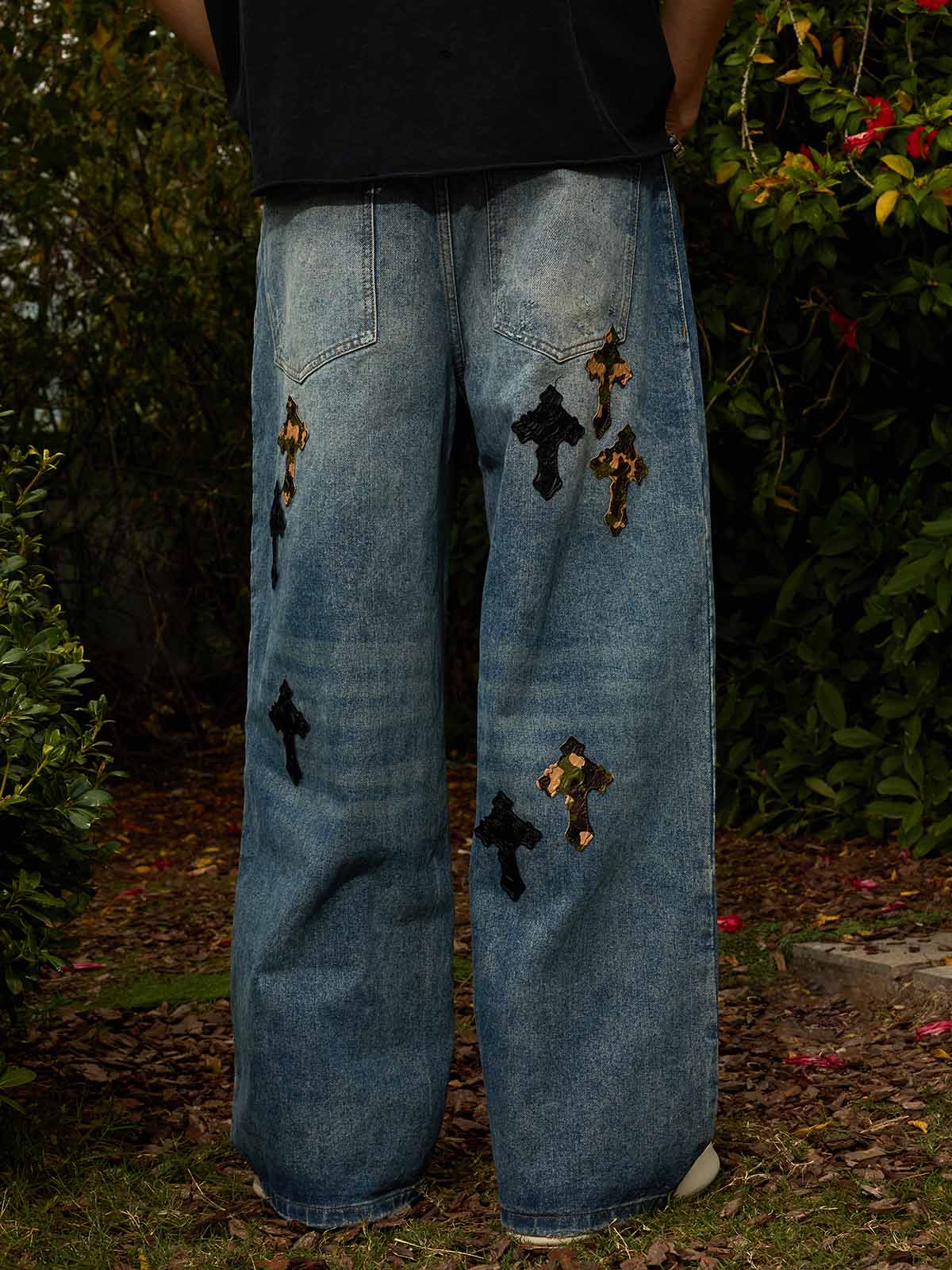 Vintage Wash Camo Cross Applique Distressed Straight Jeans - Image 4