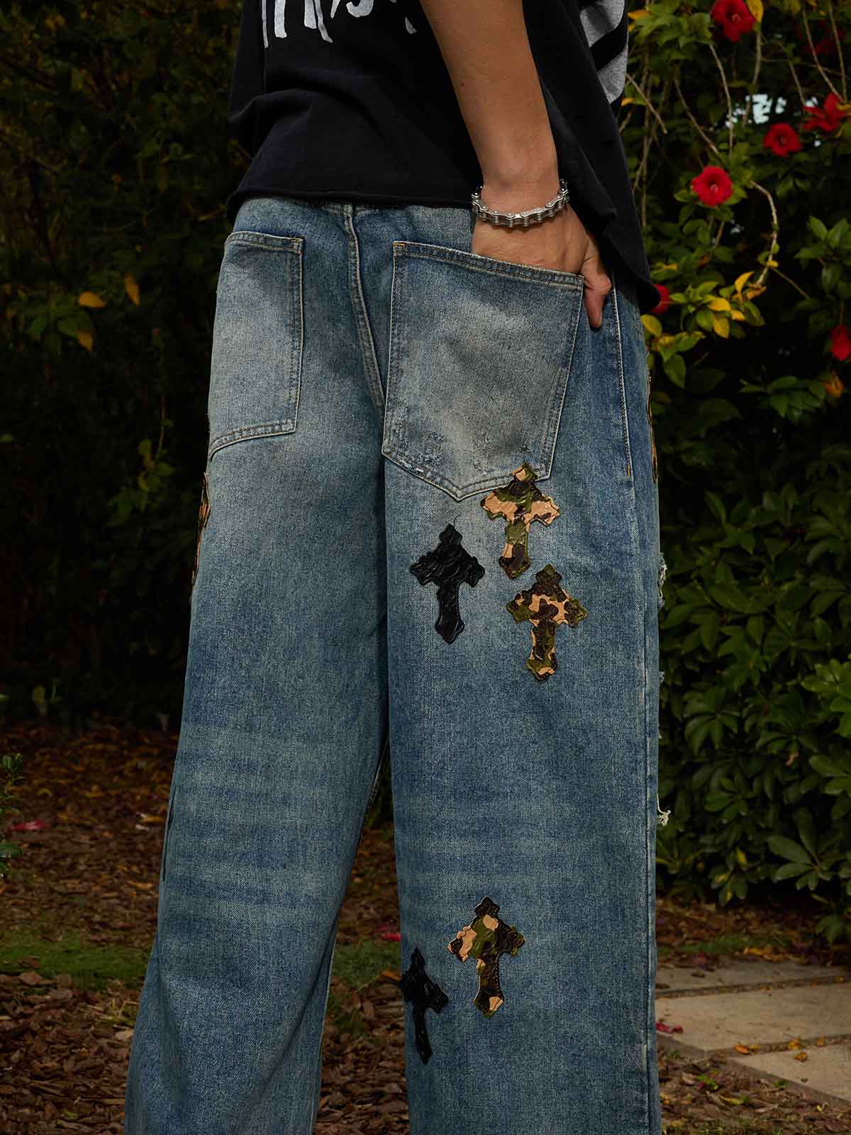 Vintage Wash Camo Cross Applique Distressed Straight Jeans - Image 6