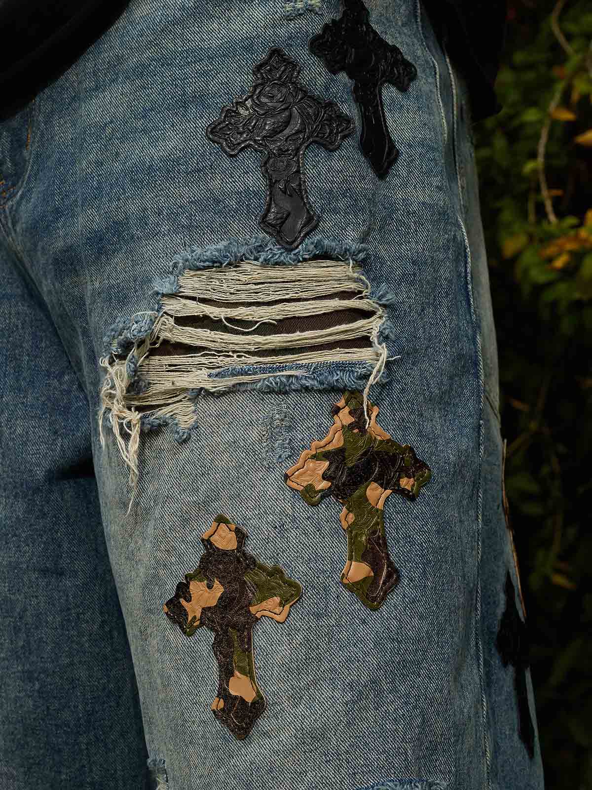 Vintage Wash Camo Cross Applique Distressed Straight Jeans - Image 8