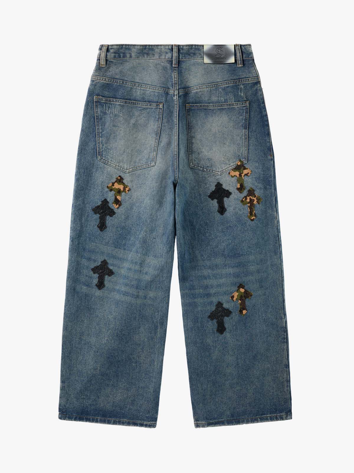 Vintage Wash Camo Cross Applique Distressed Straight Jeans - Image 9