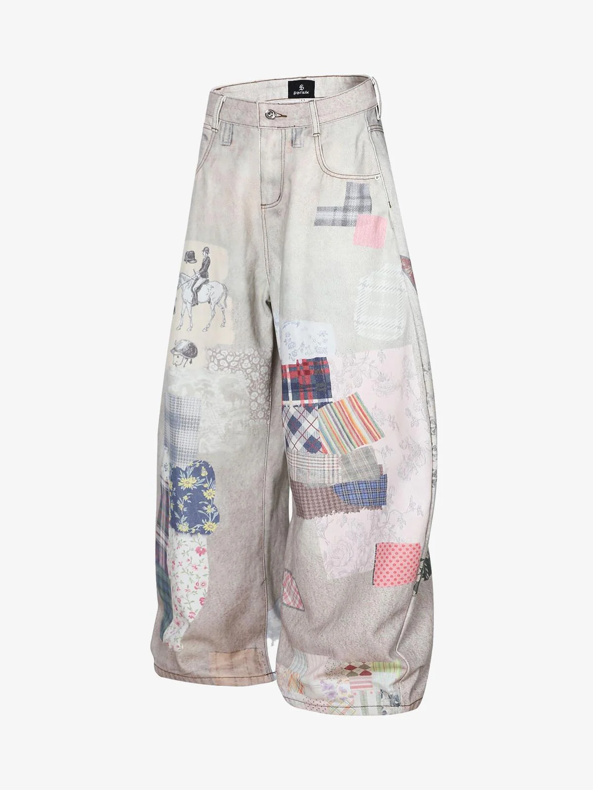 Vintage Wash Collage Print Curved Leg Denim Jeans - Image 3