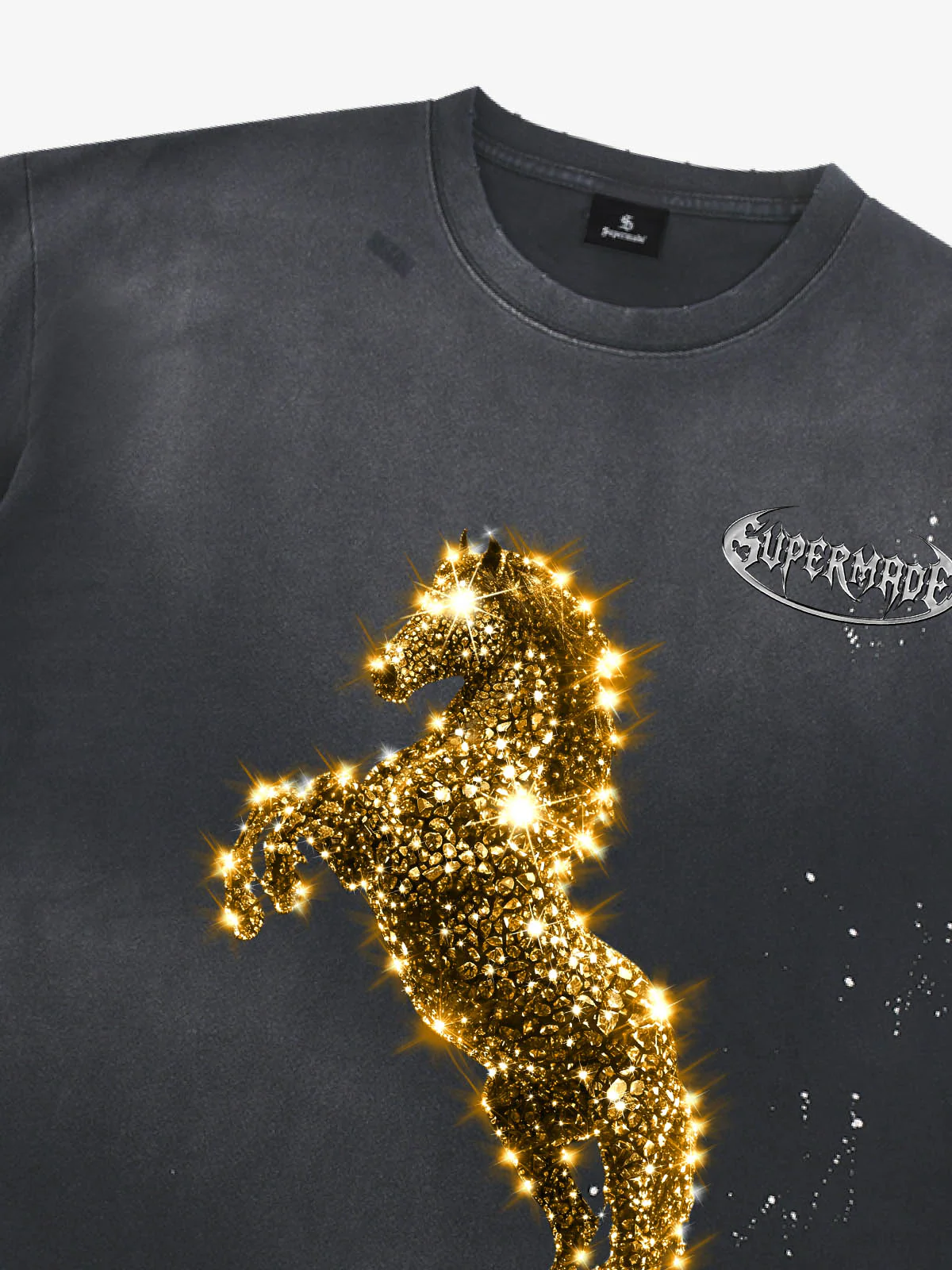 Vintage Wash Glitter Horse Pattern Splash Ink T-Shirt - Image 3