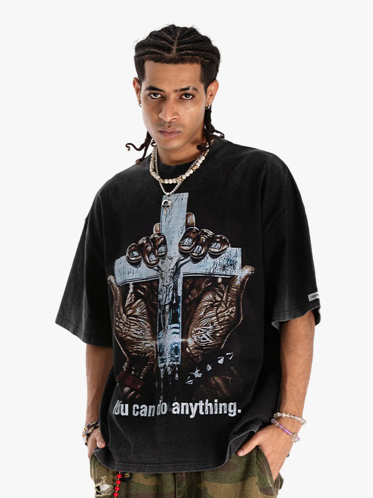 Vintage Washed Cross Hand Graphic T-Shirt