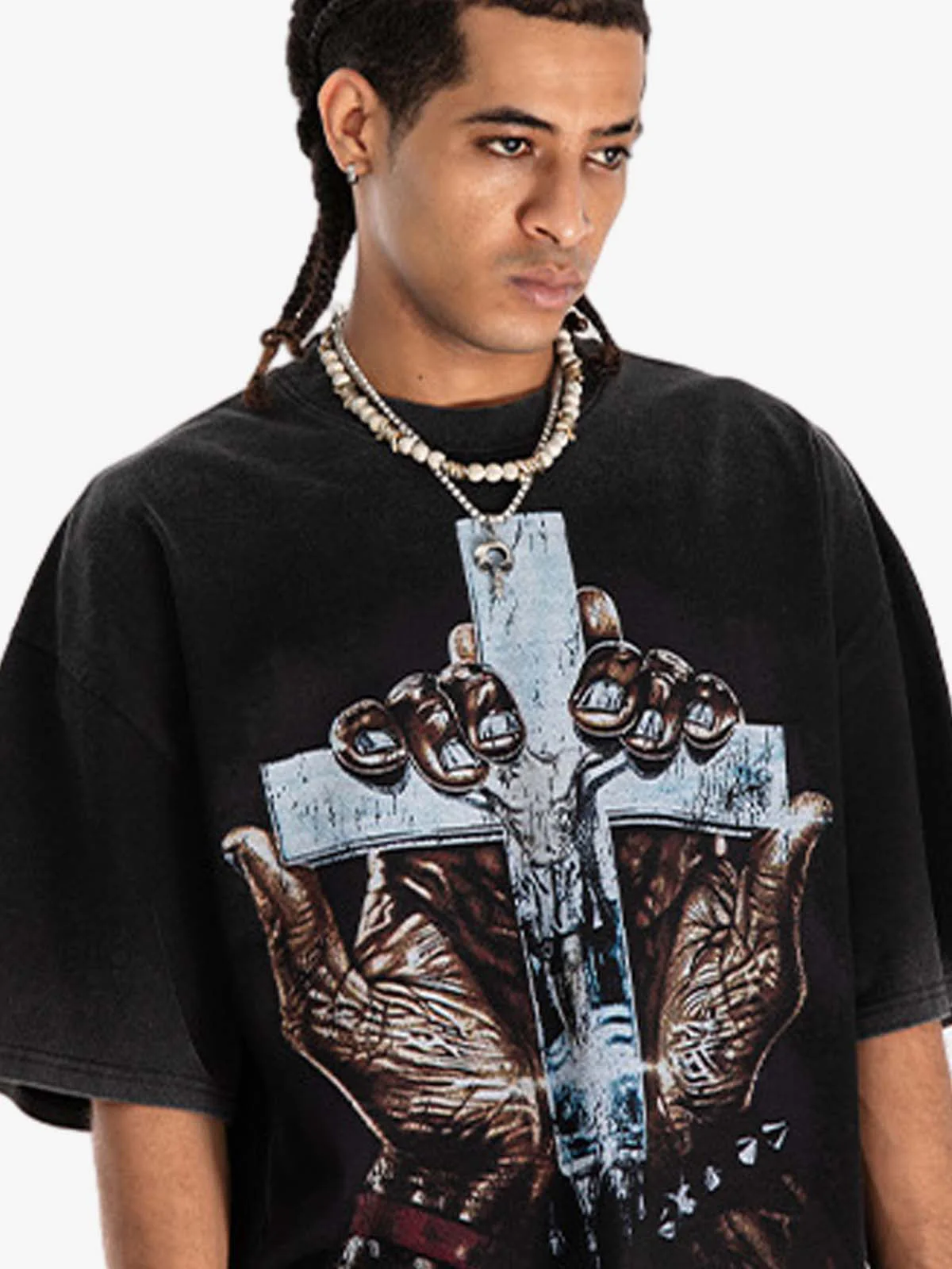 Vintage Washed Cross Hand Graphic T-Shirt - Image 5