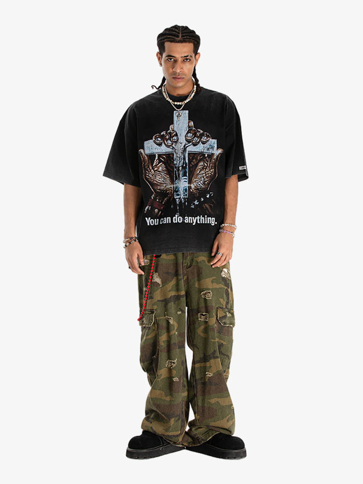 Vintage Washed Cross Hand Graphic T-Shirt - Image 6