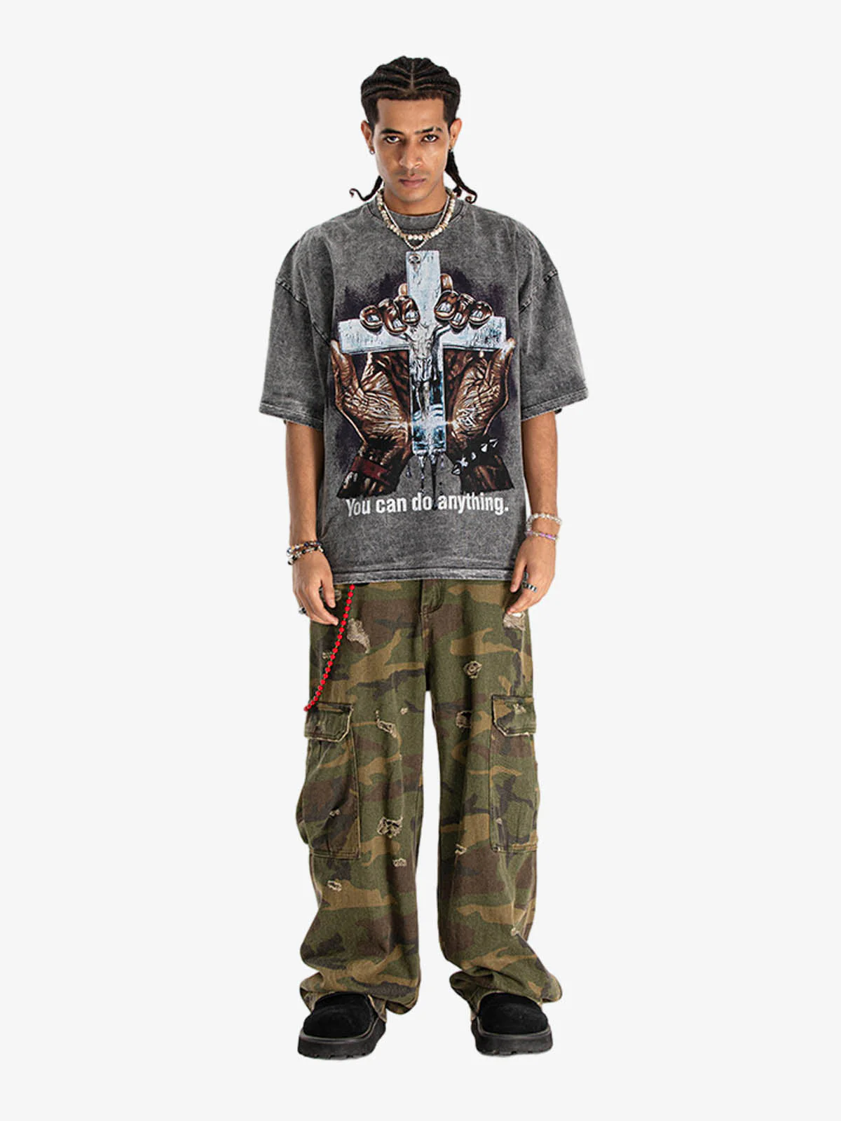 Vintage Washed Cross Hand Graphic T-Shirt - Image 8