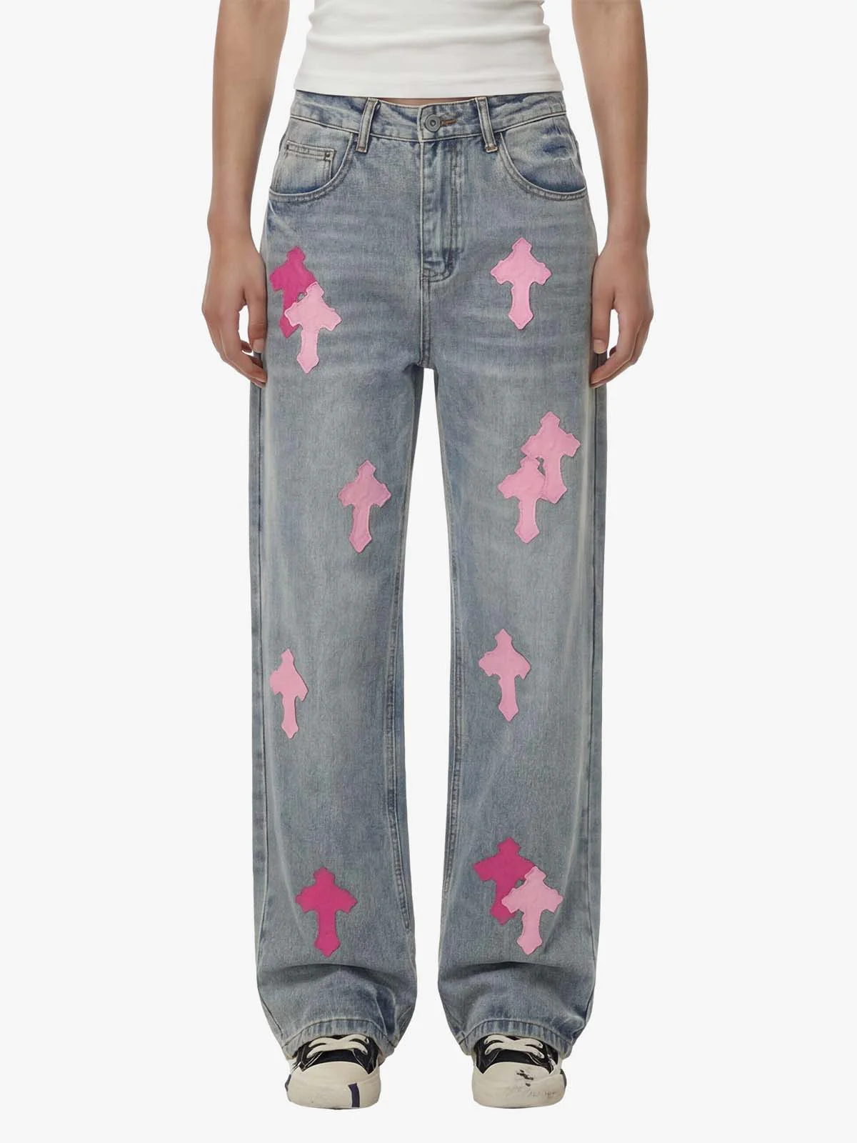 Vintage Washed Cross Patch Straight Leg Denim Jeans