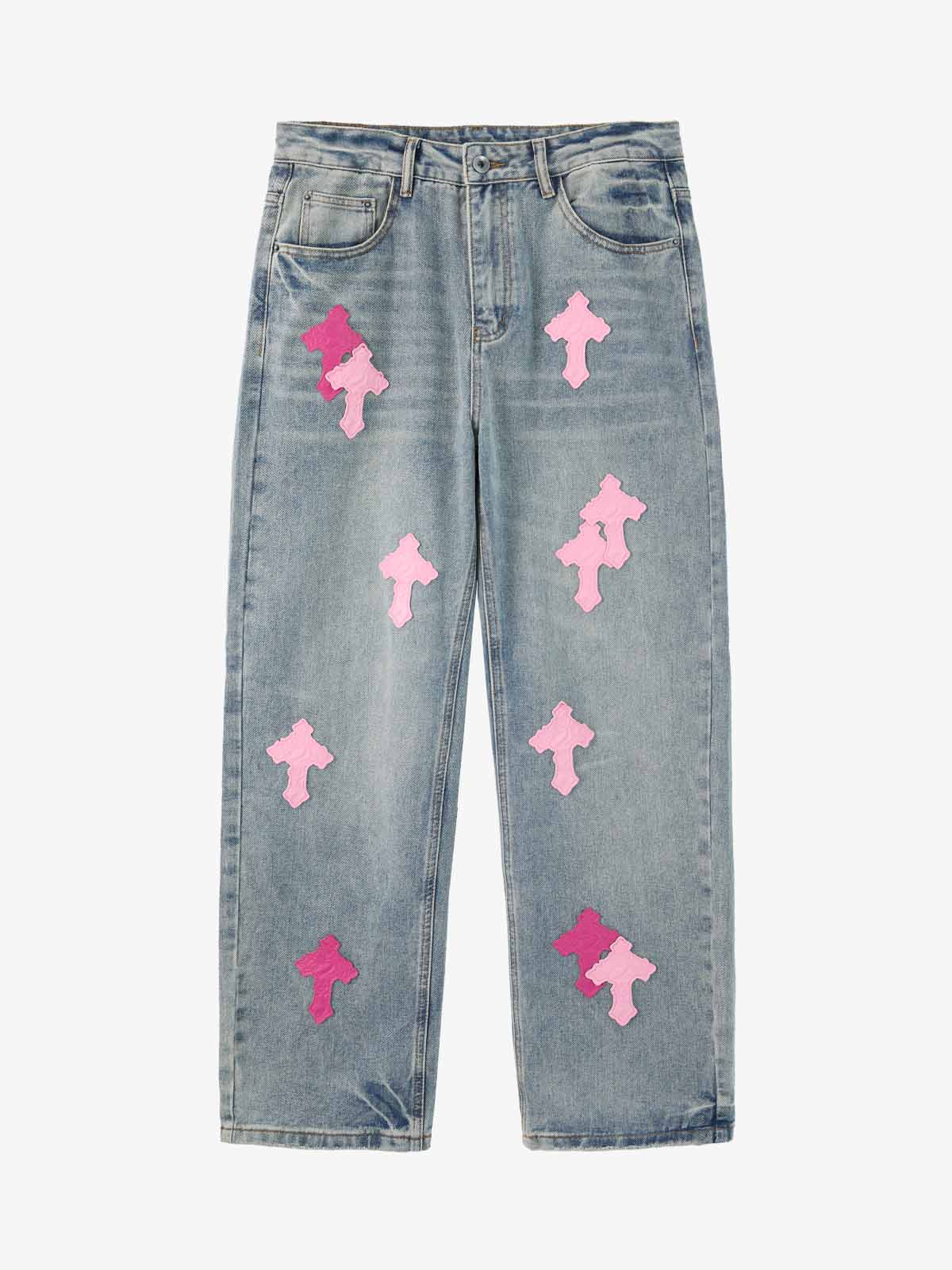 Vintage Washed Cross Patch Straight Leg Denim Jeans - Image 2