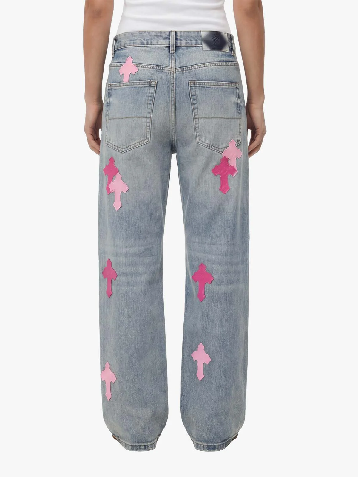 Vintage Washed Cross Patch Straight Leg Denim Jeans - Image 3