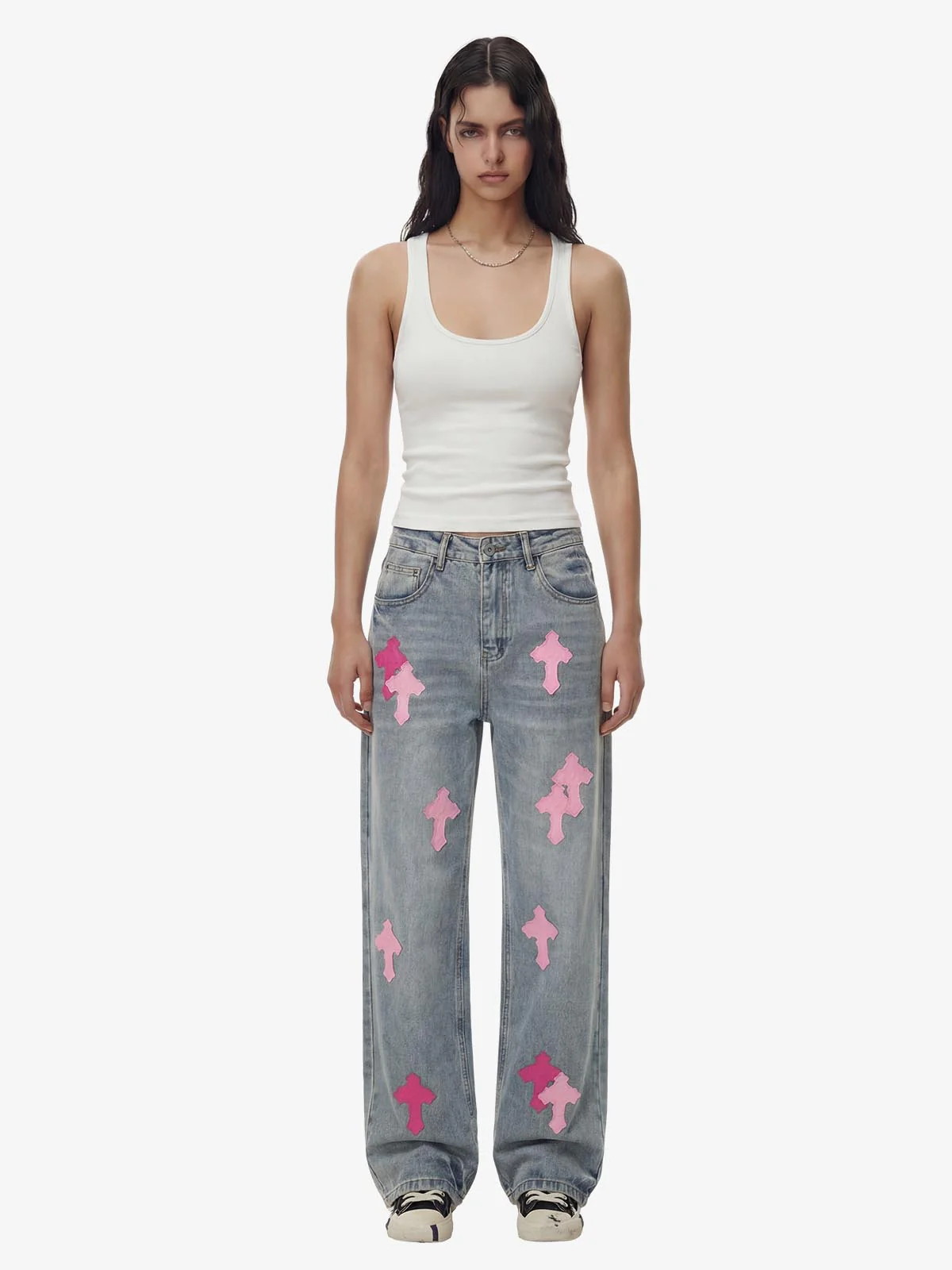 Vintage Washed Cross Patch Straight Leg Denim Jeans - Image 4
