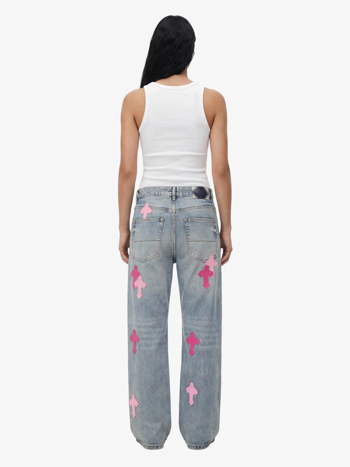 Vintage Washed Cross Patch Straight Leg Denim Jeans - Image 5