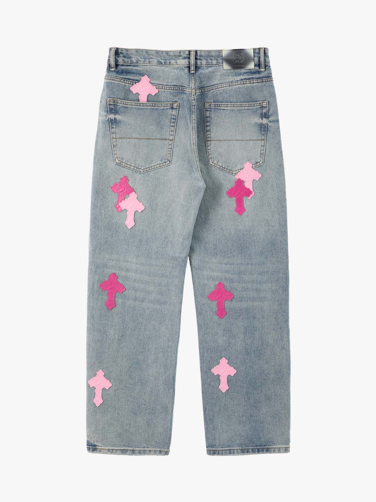 Vintage Washed Cross Patch Straight Leg Denim Jeans - Image 6
