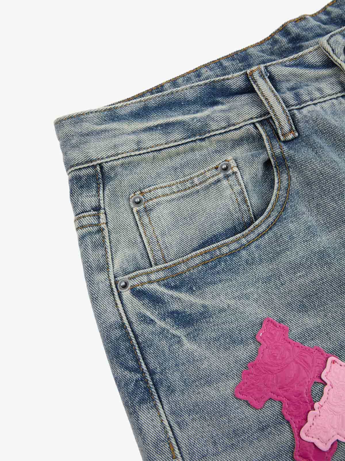 Vintage Washed Cross Patch Straight Leg Denim Jeans - Image 7