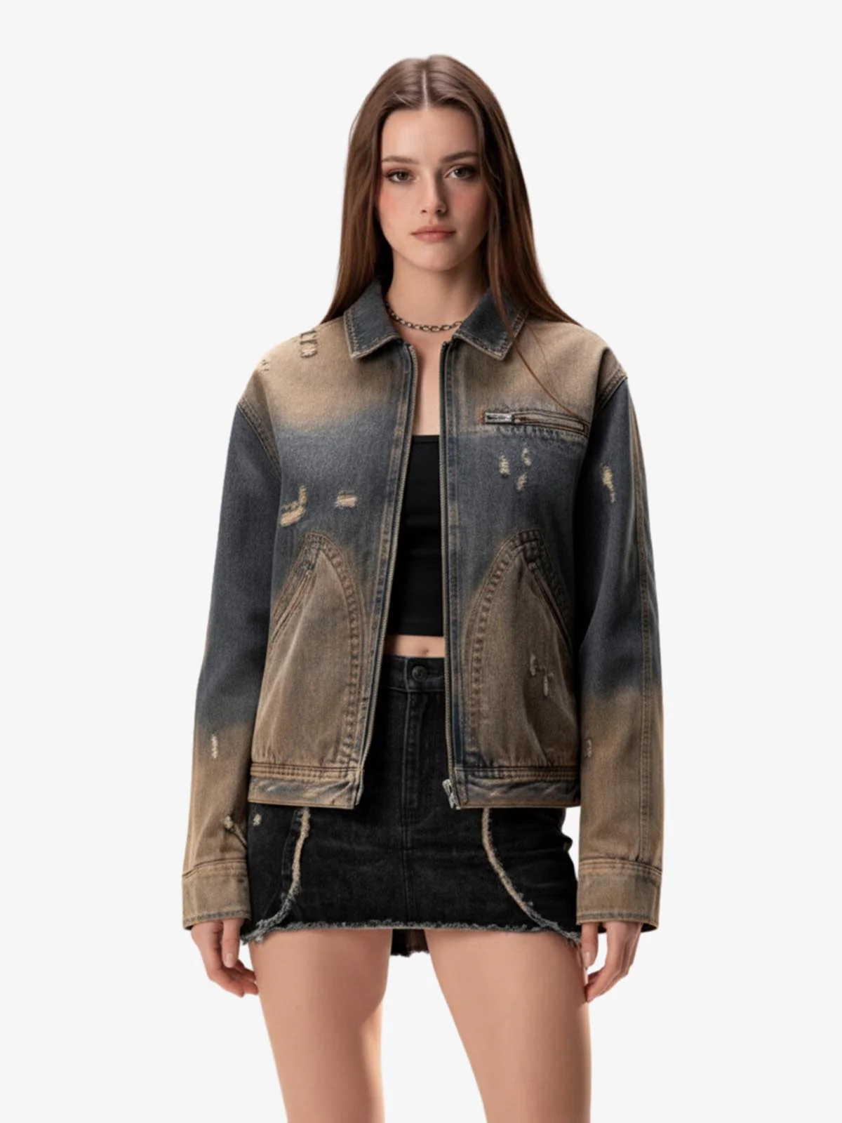 Vintage Washed Distressed Denim Zip Up Jacket