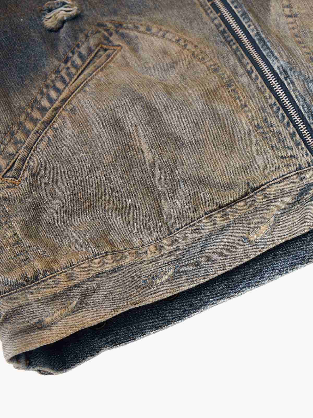 Vintage Washed Distressed Denim Zip Up Jacket - Image 13