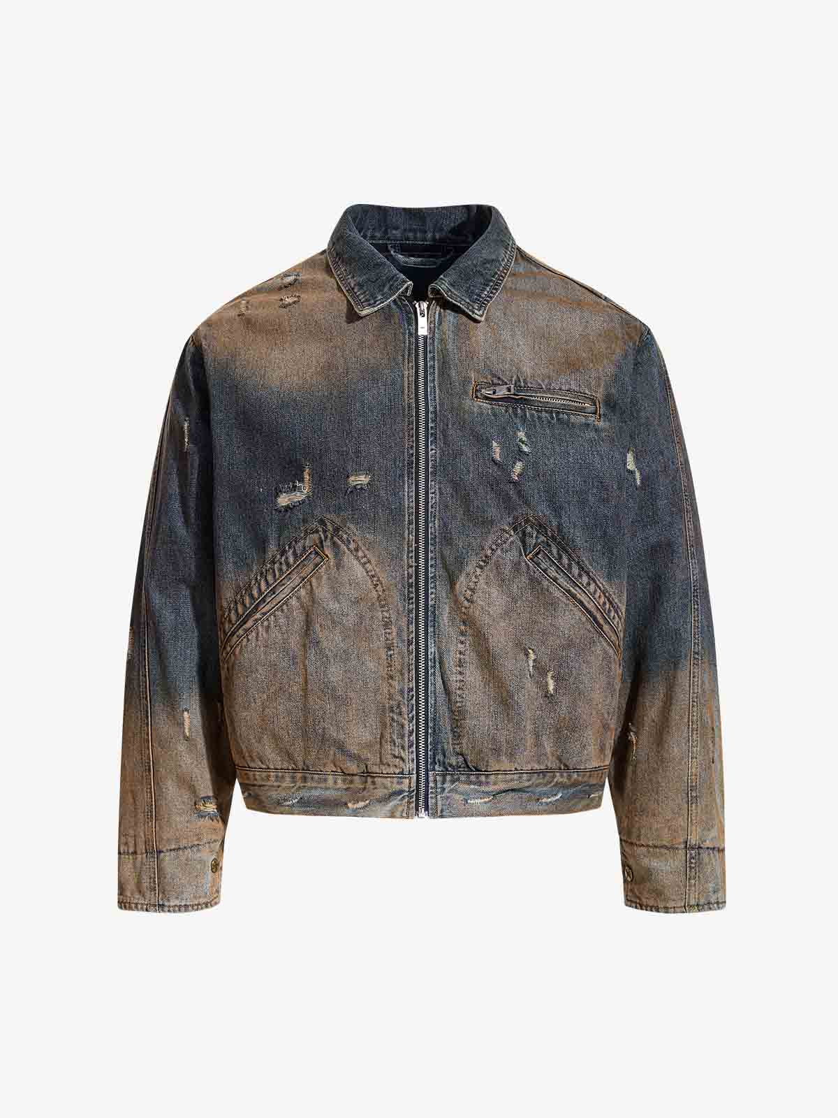 Vintage Washed Distressed Denim Zip Up Jacket - Image 2