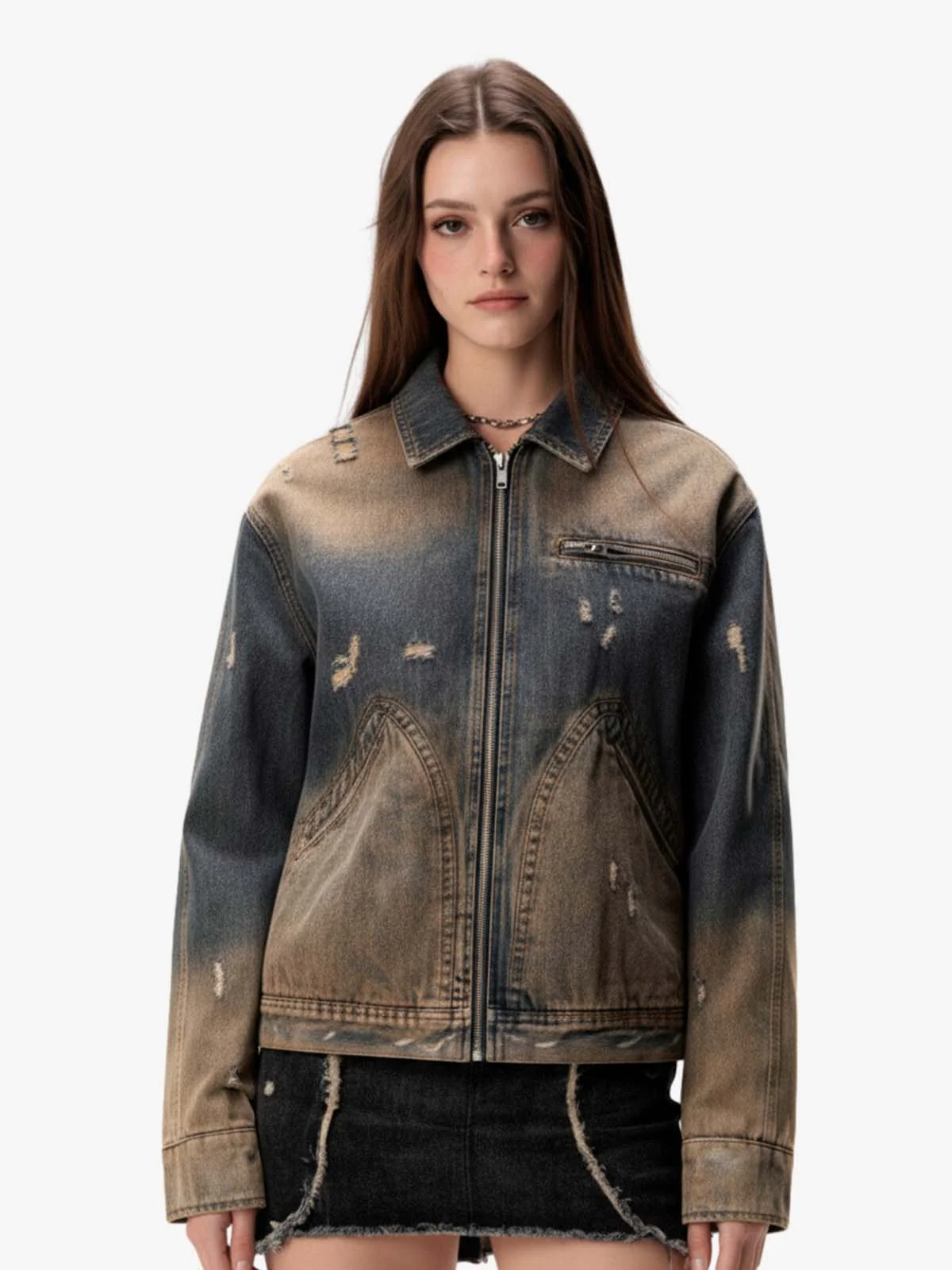 Vintage Washed Distressed Denim Zip Up Jacket - Image 3