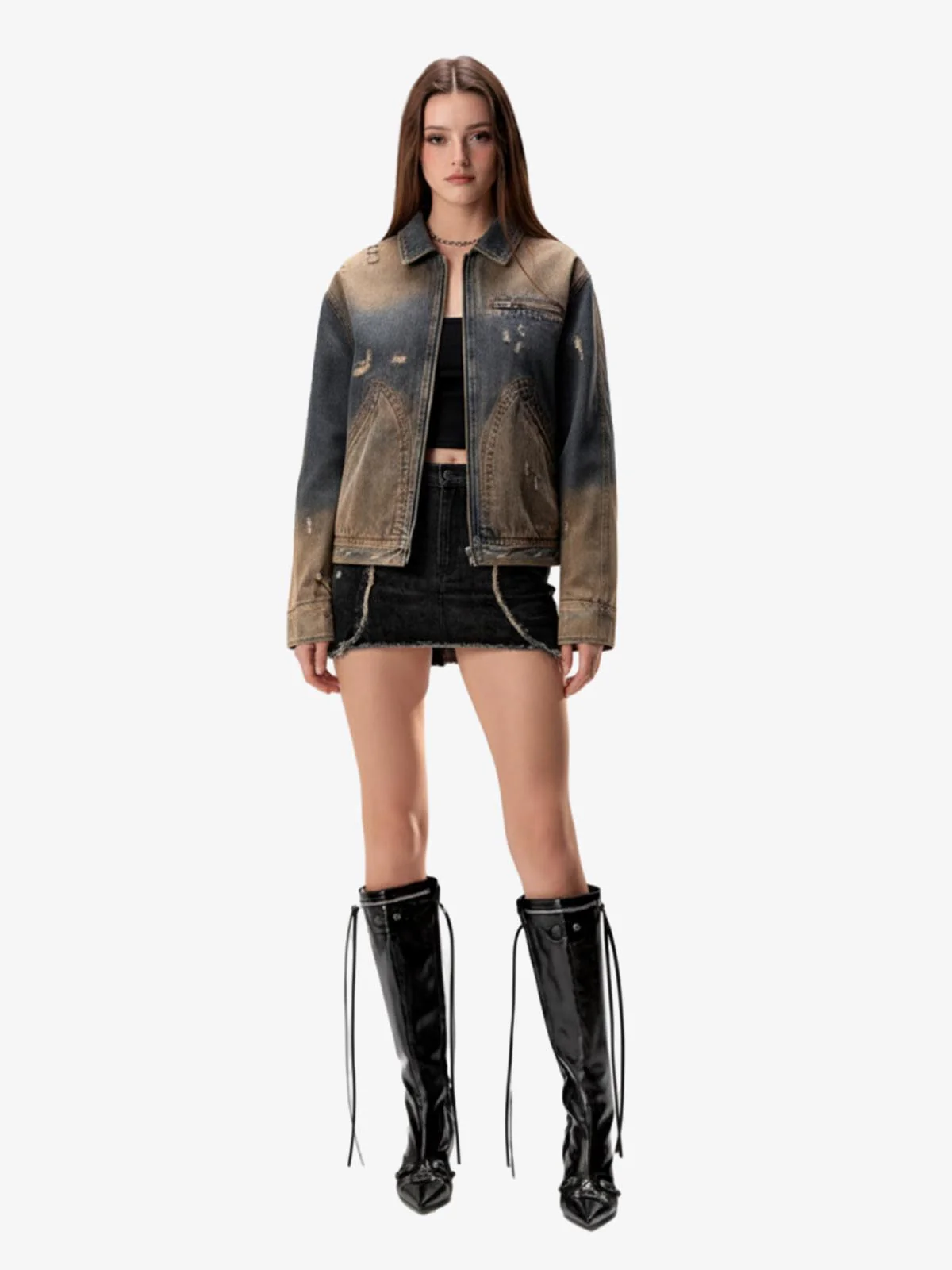 Vintage Washed Distressed Denim Zip Up Jacket - Image 5
